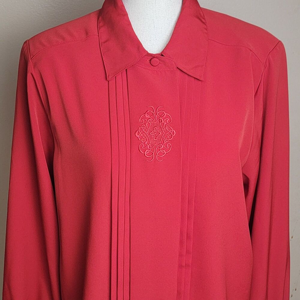 Yves St. Clair Women's Size 12 Red Blouse Long Sleeve Pintuck Embroidered 90s